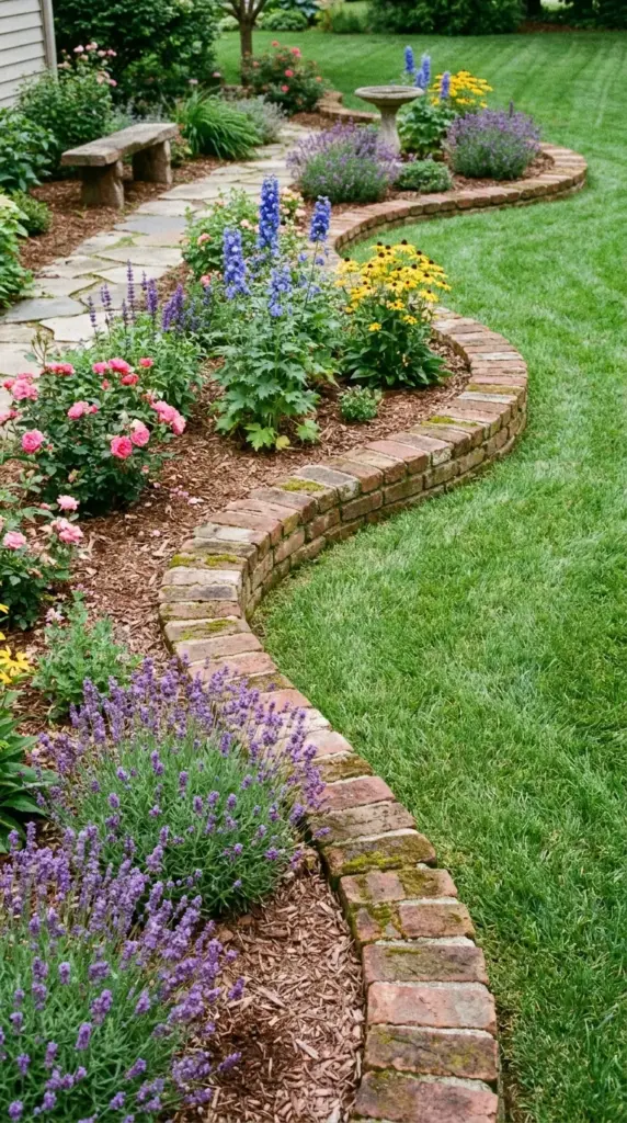 Curved brick ribbon border for a low-maintenance cottage garden edge that stops grass spread