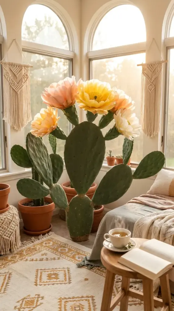Indoor prickly pear cactus blooming with bright yellow flowers during the summer growing season.