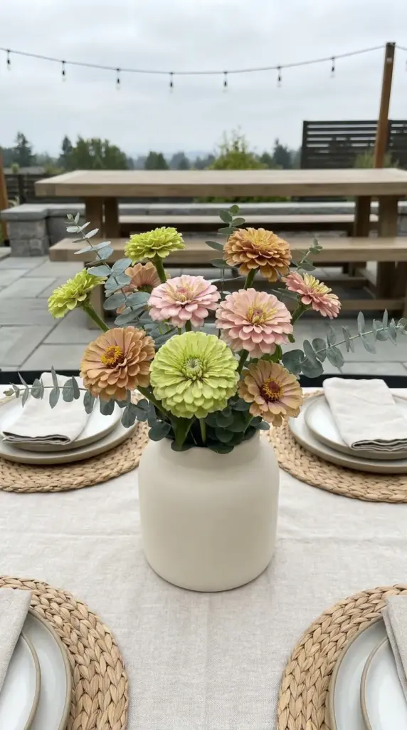 Sophisticated Queen Lime zinnia floral arrangement on a modern outdoor dining table.