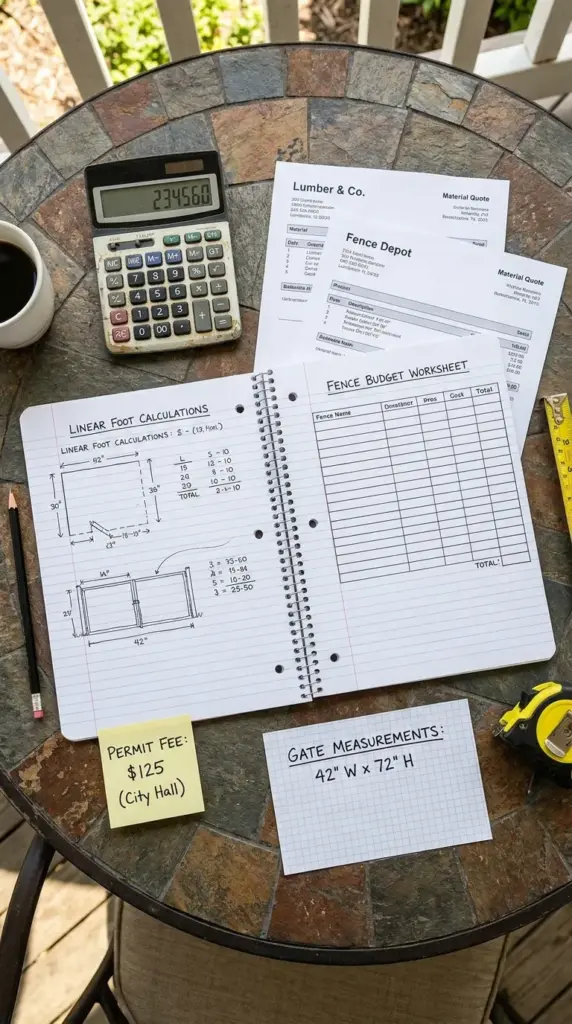 Fence budget calculator with linear foot pricing, permit fees, and gate costs for a DIY fence project