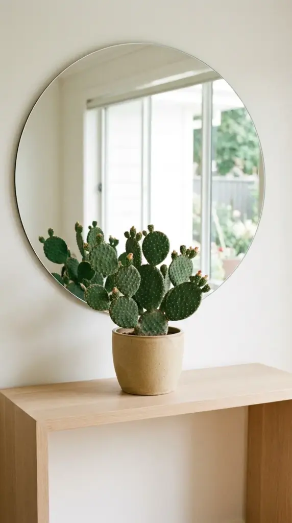 Prickly pear cactus styled on an entryway console table under a round mirror.