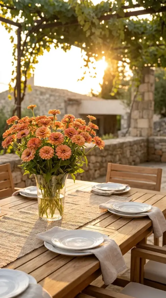 Peach garden blooms used as a beautiful monochromatic floral arrangement on a wooden patio dining table.