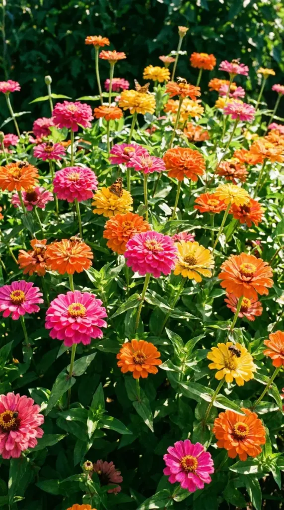 A full sun annual zinnia garden bed soaking up intense direct sunlight for maximum flower yield.