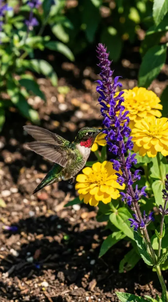 A hummingbird hovering next to deep purple salvia spikes and bright yellow zinnias in full sun.