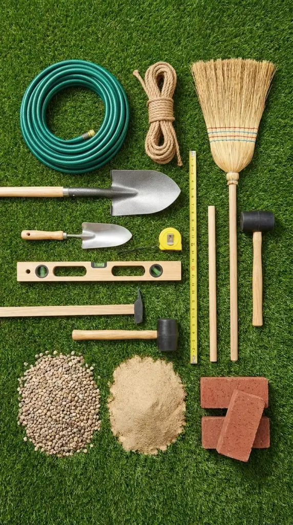 Simple DIY supplies for curved brick edging including hose spade gravel and sand