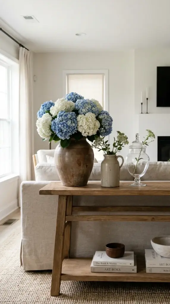 Best vase proportions for a hydrangea centerpiece using ceramic and vintage vessels for designer styling