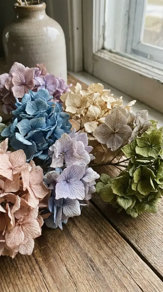 dried hydrangea color fading examples showing blush blue and antique tones over time