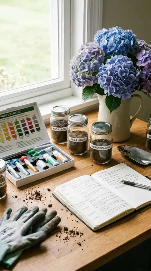 Soil test kit for hydrangeas with pH tools and notes to help gardeners achieve blue hydrangea blooms