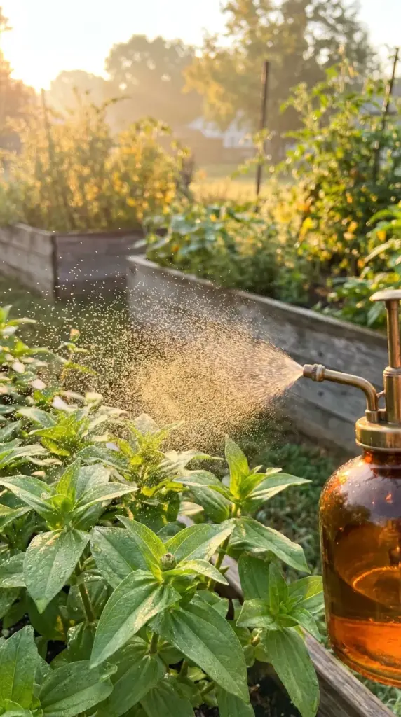 Applying an Epsom salt magnesium foliar spray to zinnia leaves to boost chlorophyll production.