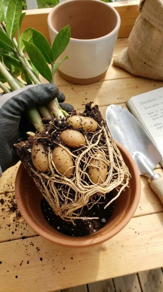 Healthy potato-like rhizomes and snug underground root bulbs of a Zamioculcas zamiifolia plant.