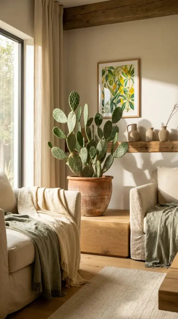 Beautifully styled indoor prickly pear cactus in a terracotta pot within a bohemian living room.
