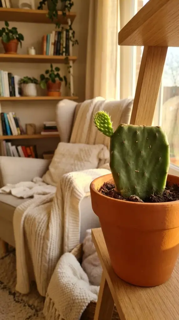 Successful propagation of a prickly pear cactus showing a vibrant new pad sprouting from the original cutting.
