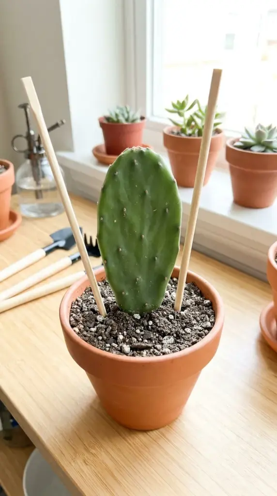 A planted prickly pear cactus cutting stabilized upright in a pot with wooden chopsticks.