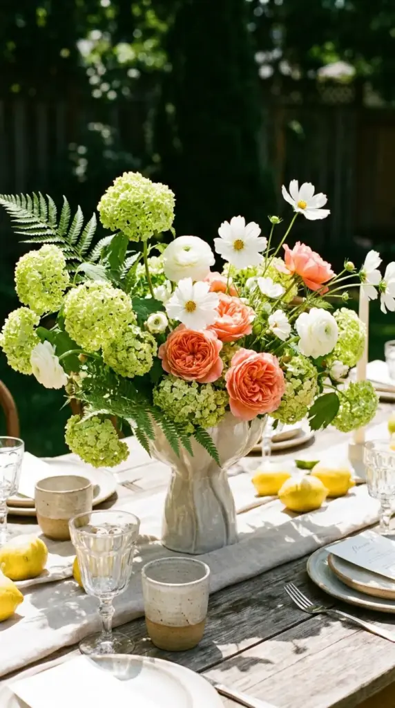 Bright hydrangea bouquet in chartreuse, coral, and white for summer parties and colorful floral arrangements