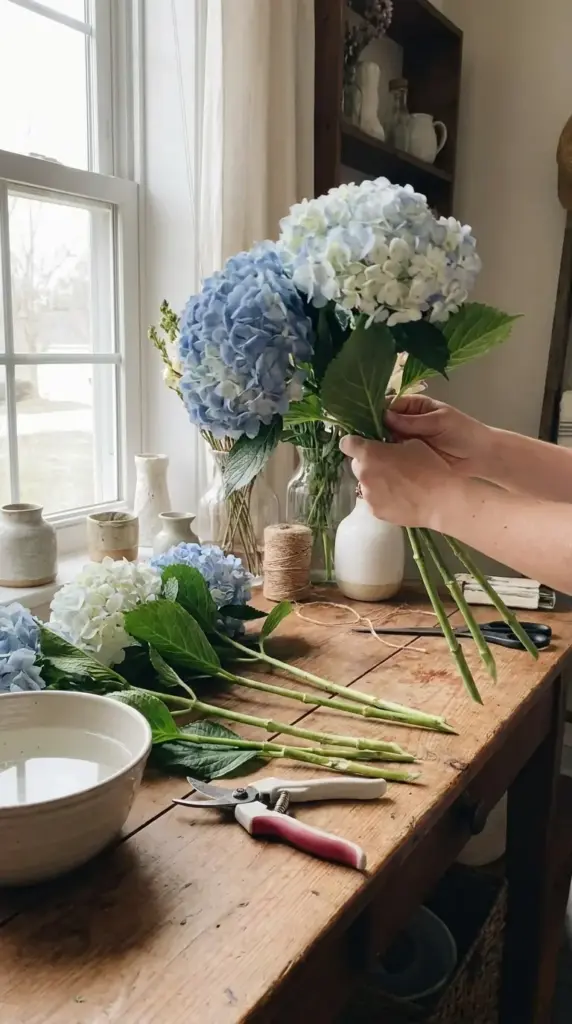 Prepping hydrangea stems by removing leaves and recutting before vase arranging