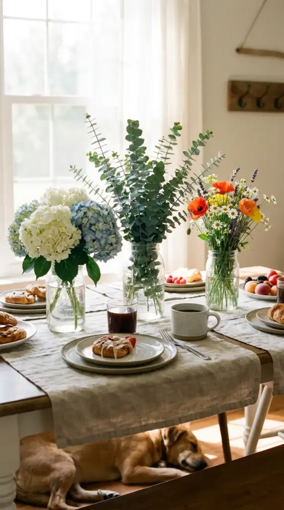 Mason jar trio with hydrangeas, eucalyptus, and wildflowers for a casual table centerpiece