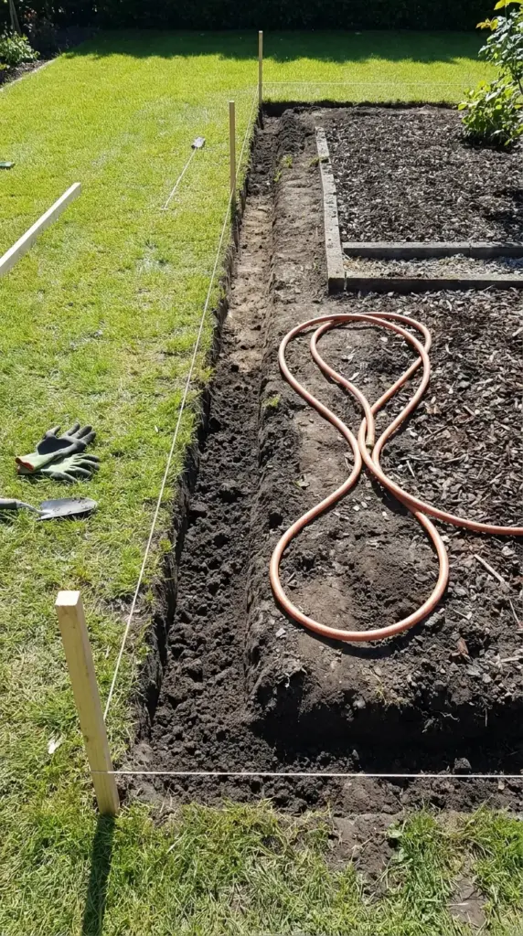 Marking and measuring a brick garden edging line with stakes, string, and hose