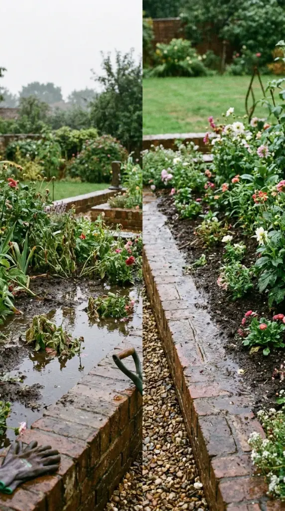 Brick garden border drainage issues showing pooling water, slope, and the risk of shifting or sinking edging