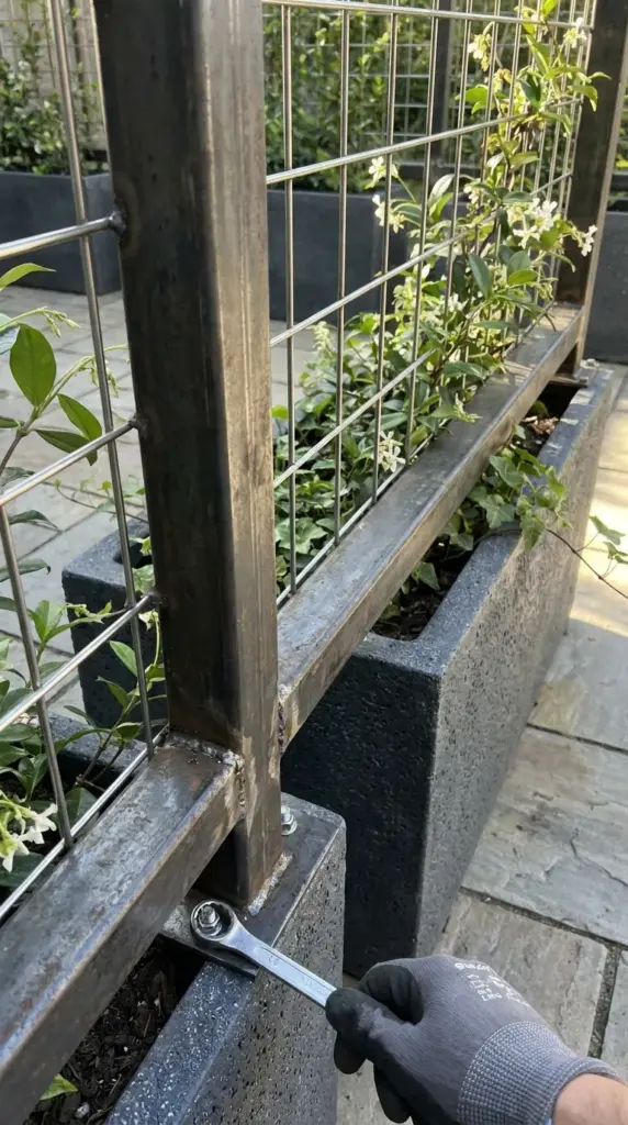 Metal trellis structure and wire support system for a living wall fence alternative to traditional fencing
