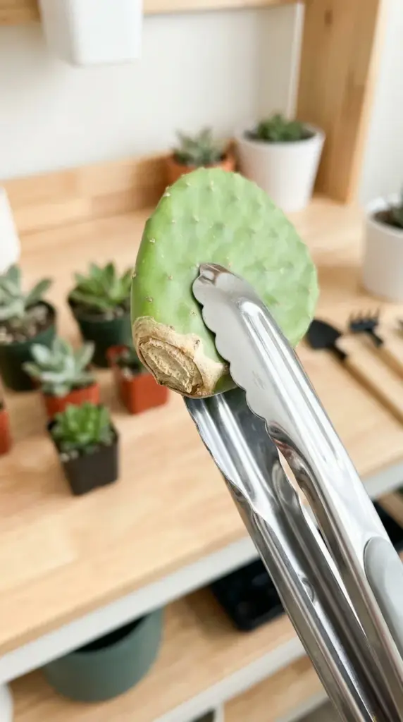 Using kitchen tongs to handle and propagate a callused prickly pear cactus pad safely.