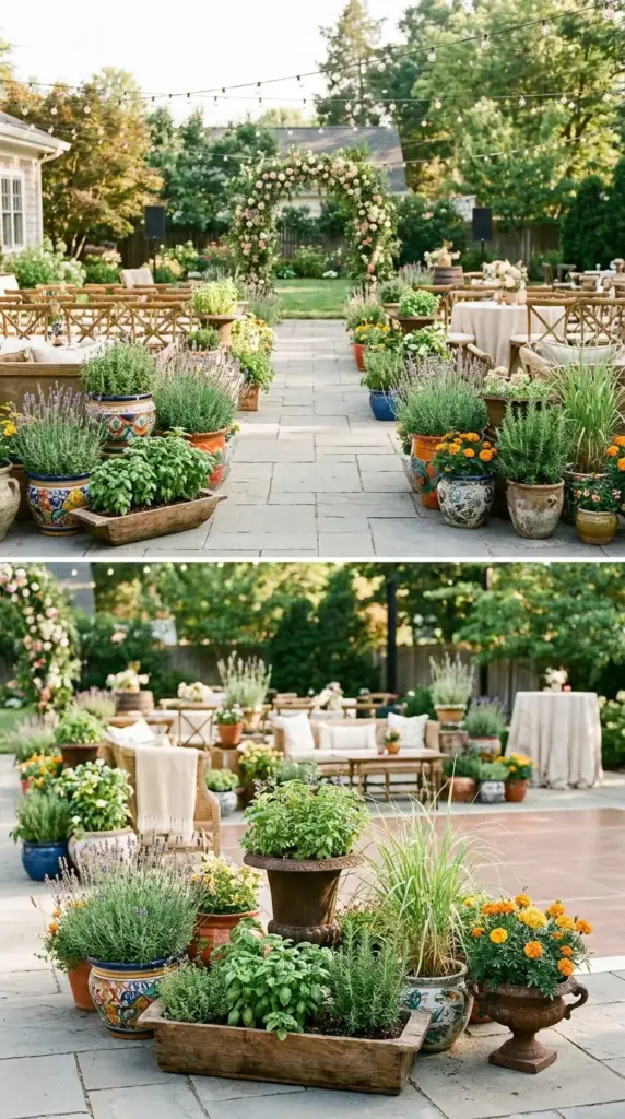 Mosquito-repelling plants like lavender, basil, rosemary, and marigolds styled for backyard party decor