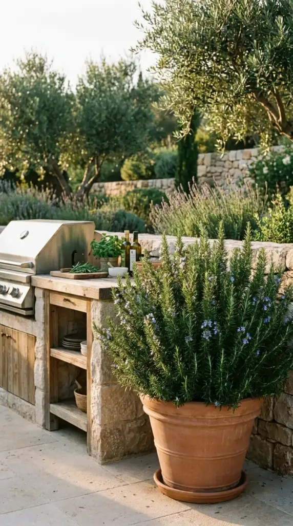 Rosemary mosquito repellent herb in a sunny patio pot near an outdoor living space