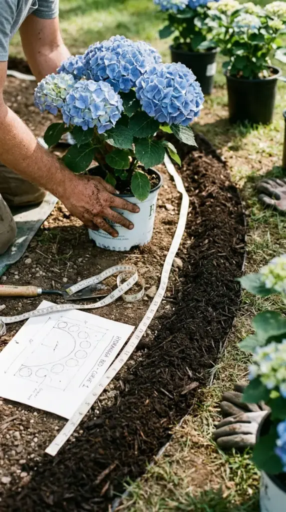Planning hydrangea shrub spacing with potted plants, mature width measurements, and curved cluster layout