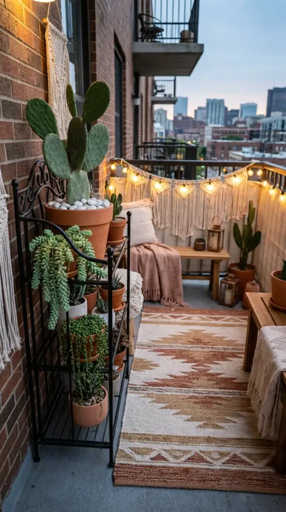 A beautifully styled small balcony corner featuring a prickly pear cactus on a black iron plant stand with boho decor.