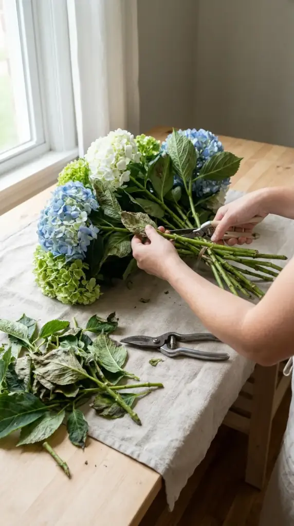 Prepping a hydrangea bouquet by trimming stems and removing leaves before drying