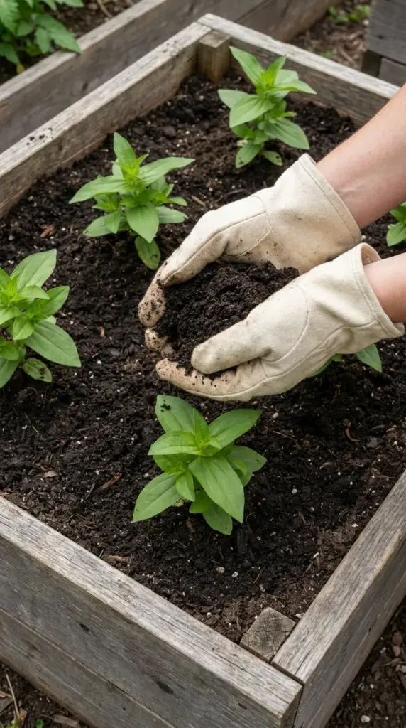 Mixing organic worm castings into zinnia flower bed soil to enhance healthy soil microbes and root development.