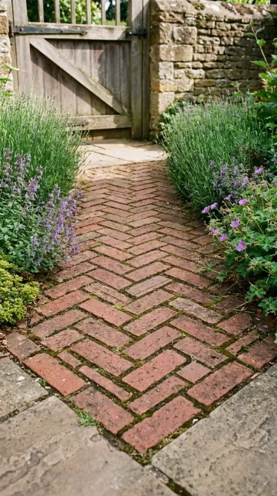 Herringbone brick edging accent at an English garden path entrance