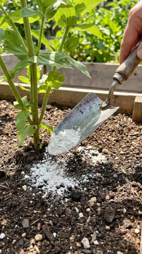 Applying organic bone meal high phosphorus fertilizer to the base of a sturdy zinnia plant.