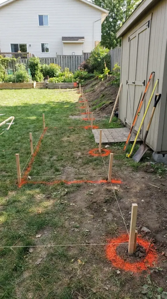 Fence layout with string line, stakes, and marked post spacing for a shadowbox fence project
