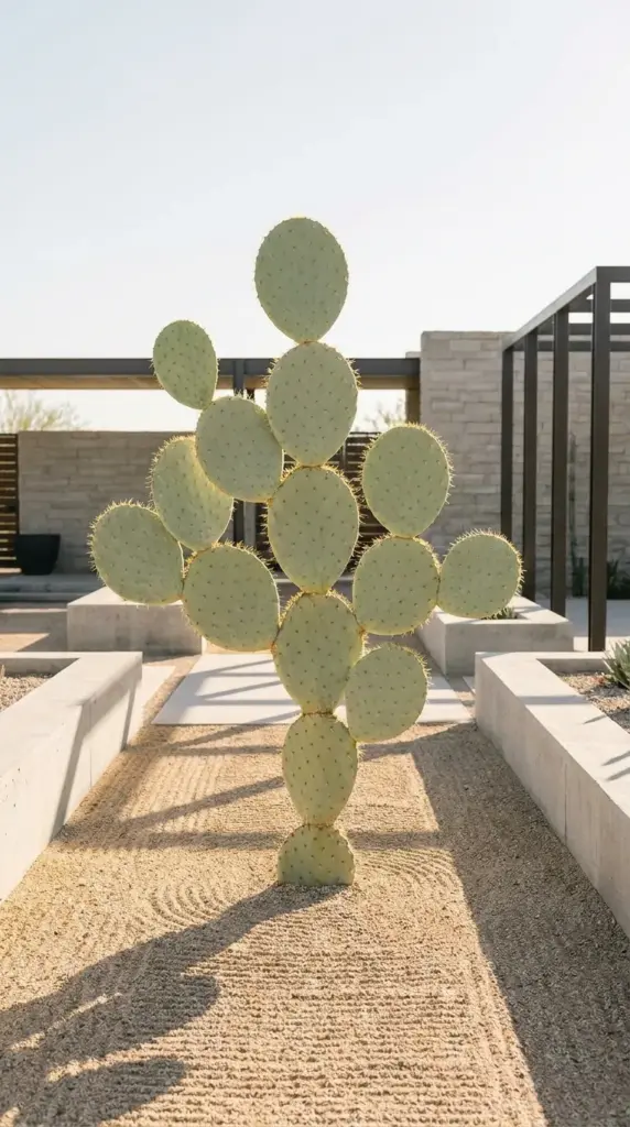 Geometric pancake prickly pear cactus with perfectly round disc pads in a minimalist garden layout.
