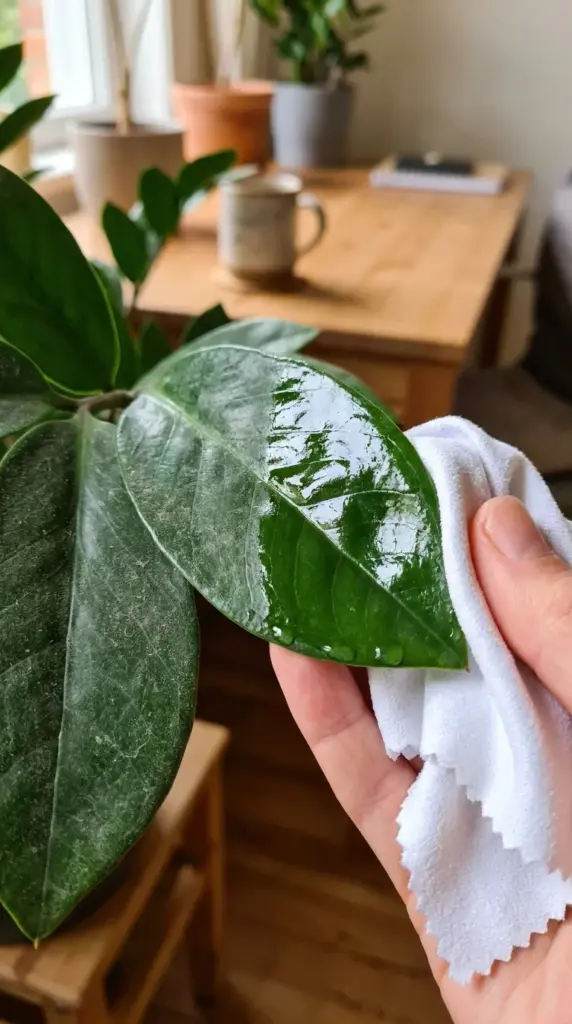 Cleaning a thick, glossy ZZ plant leaf with a damp white microfiber cloth to remove dust.