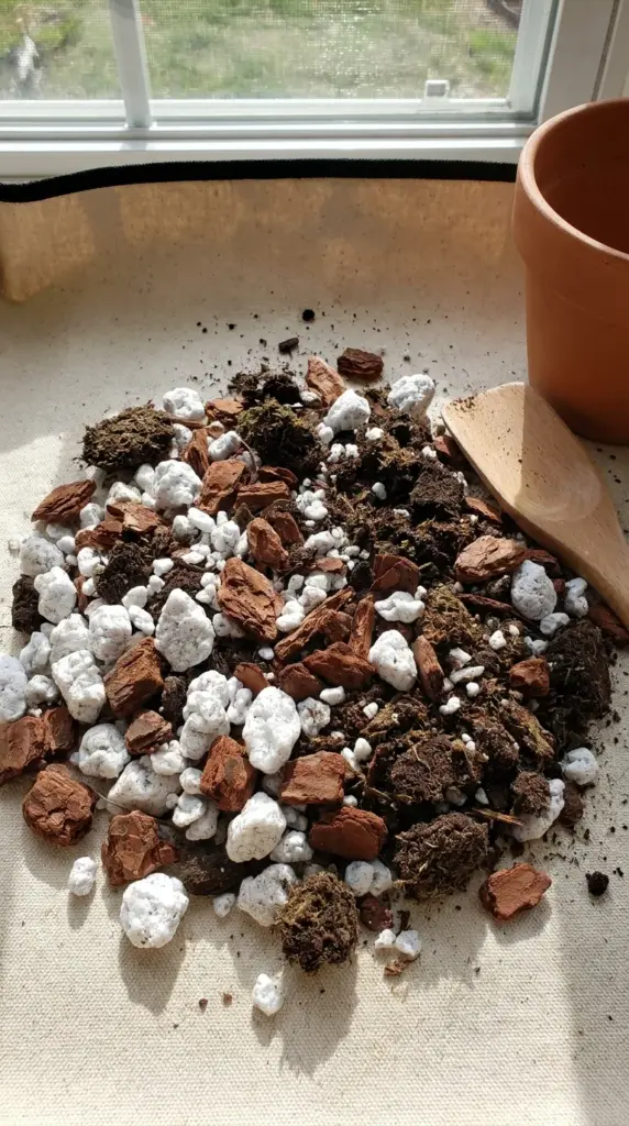 A chunky well draining houseplant soil mix containing perlite and orchid bark for proper ZZ plant root aeration.