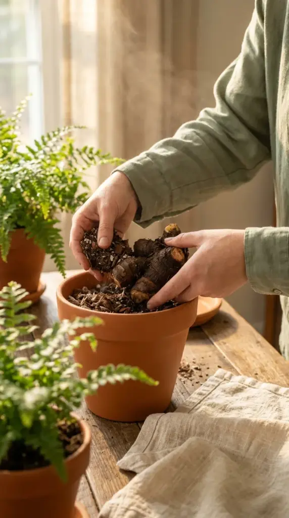 A woman carefully repotting a rescued ZZ plant into fresh dry soil after completing a root rot treatment.