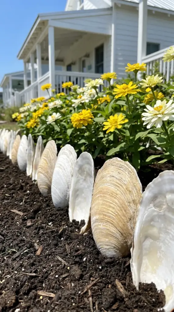 Large upcycled seashells used as a coastal cottage style edging for a blooming zinnia garden.