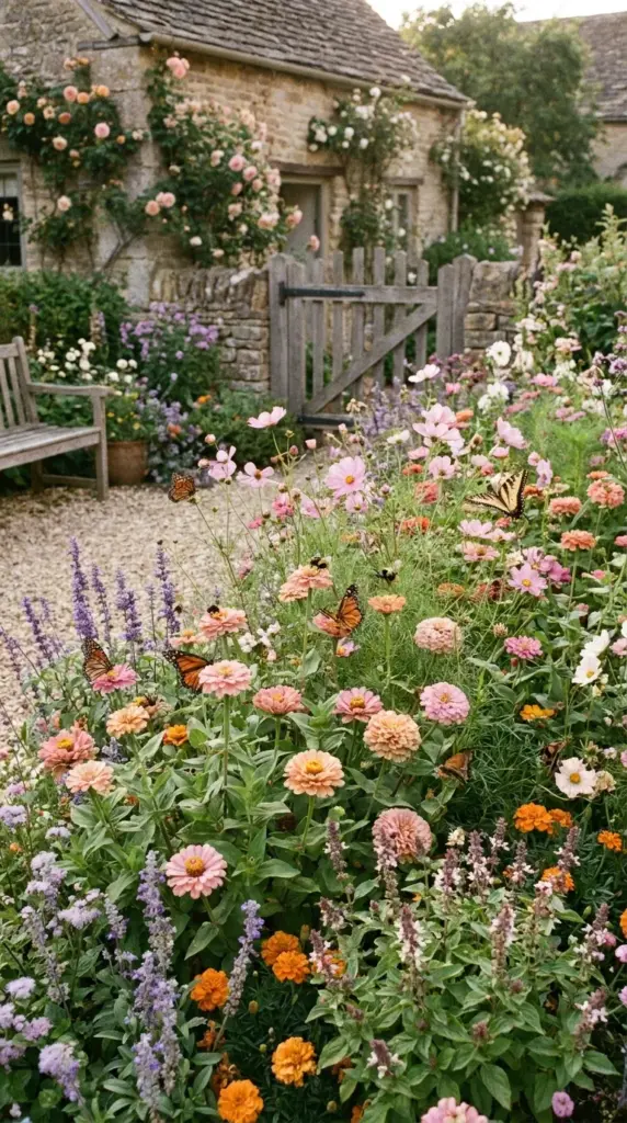 Cottage garden zinnia bed mixed with cosmos and salvia for a soft romantic pollinator-friendly look