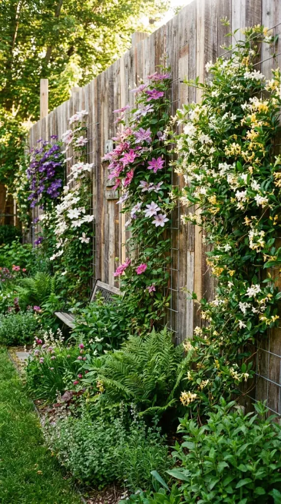 Living trellis wall on reclaimed wood fence with climbing plants for natural privacy