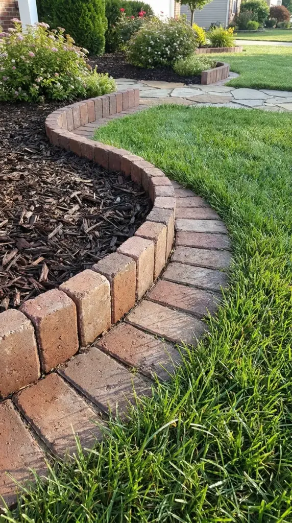 Flat-and-upright combo brick border for mulch retention and grass control in flower beds