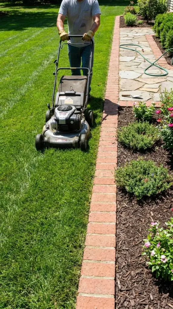 Low maintenance garden beds with brick edging for easier mowing, trimming, and cleanup