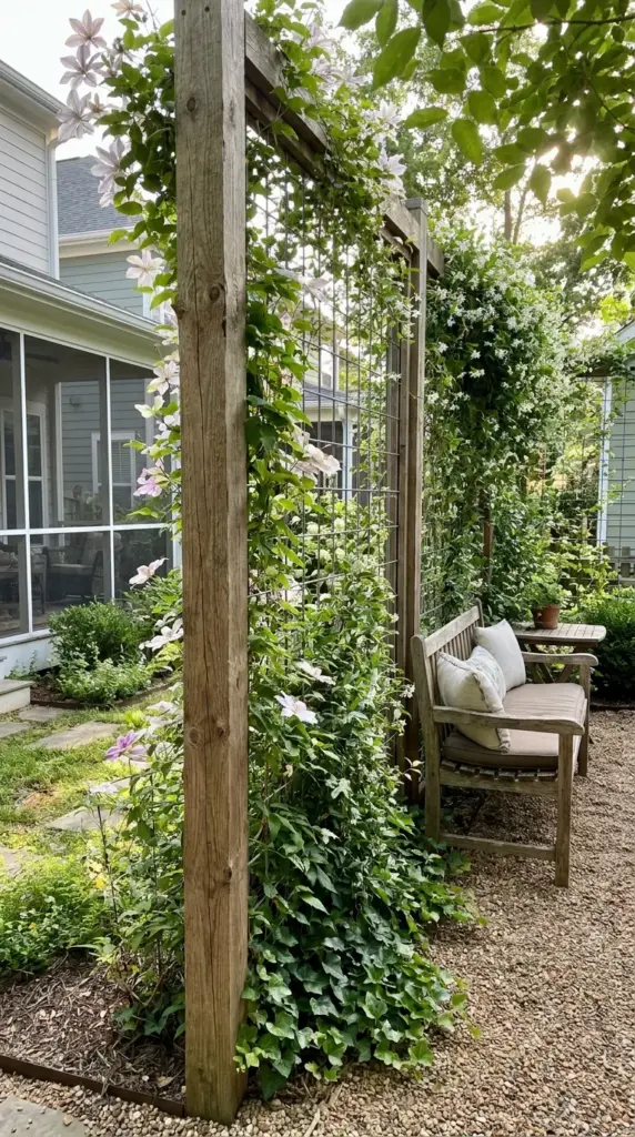 trellis privacy wall with climbing vines for vertical garden screen in a small backyard