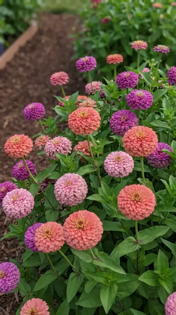 Perfect, pest-free Oklahoma series pom-pom zinnias growing in an organic flower patch.