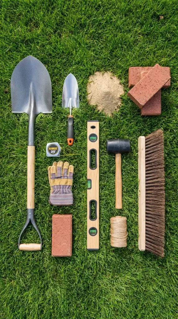 tools needed for DIY brick garden border installation including shovel, level, and rubber mallet