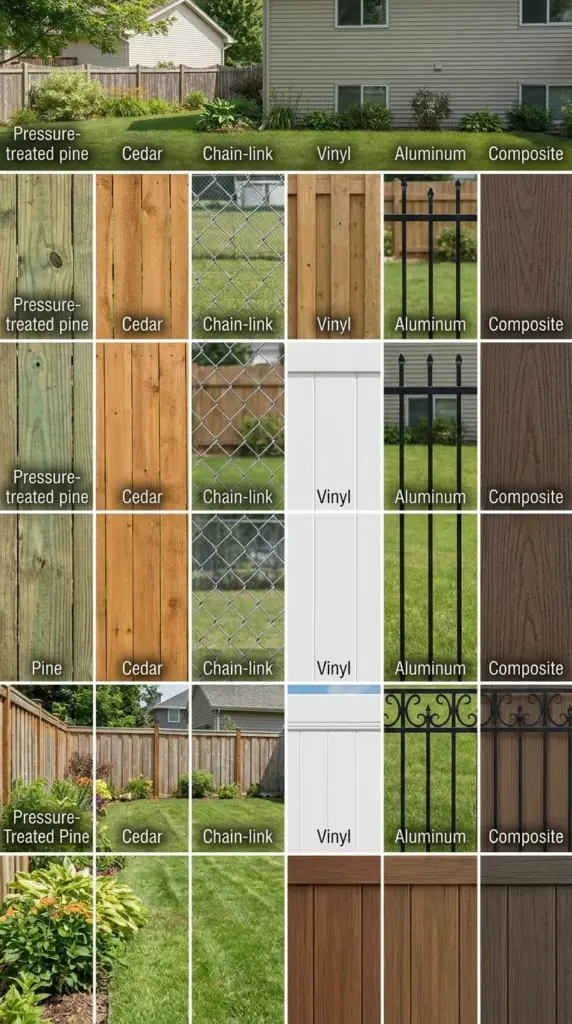 Cheap fence materials comparison including wood, chain link, vinyl, aluminum, and composite fencing