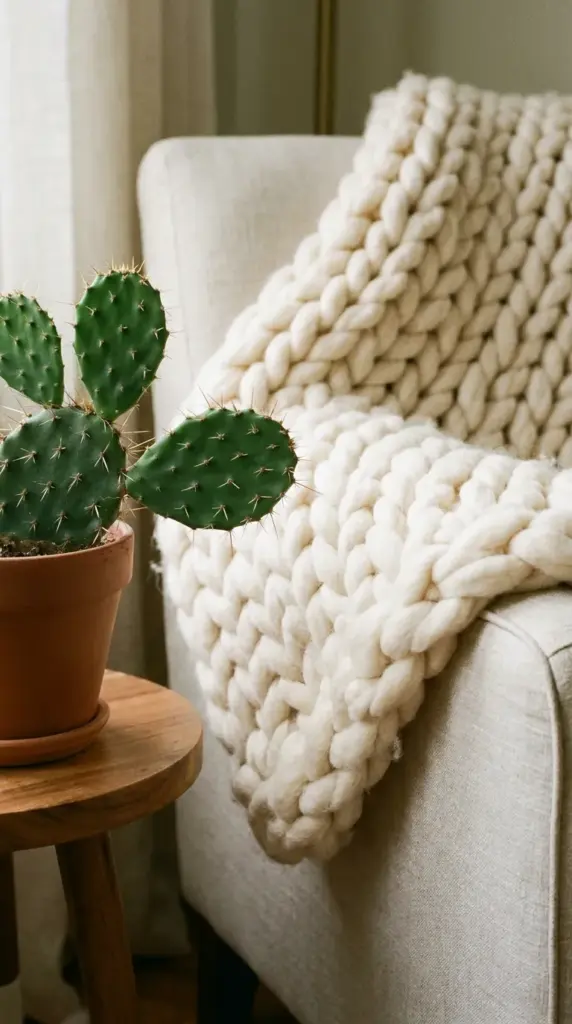 Indoor prickly pear cactus paired with a cozy chunky knit throw blanket for texture contrast.