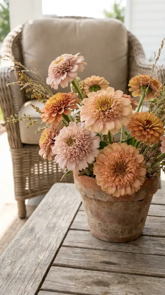 Detailed close up of highly textured Zinderella delicate peach zinnias in a terracotta pot.