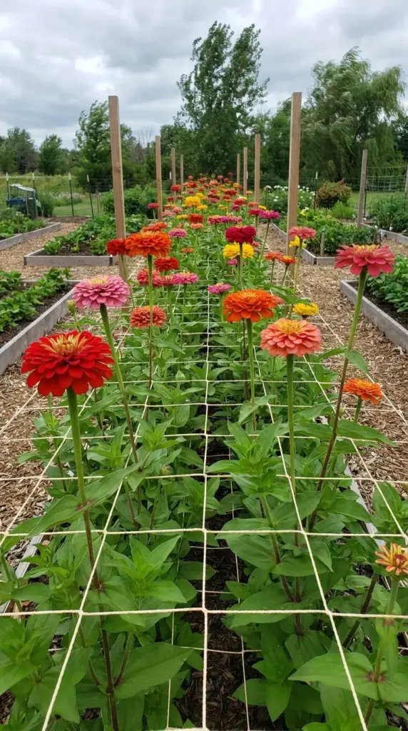 Tall giant zinnias supported by horizontal flower netting in an outdoor cutting garden bed.