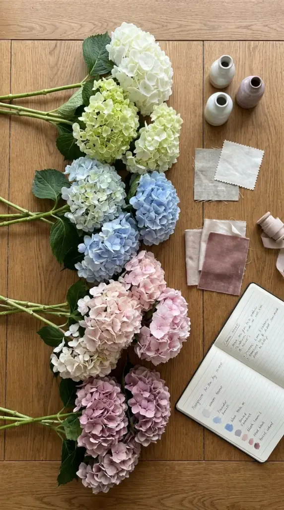 Hydrangea color palette ideas for a designer flower arrangement with tonal and monochromatic styling